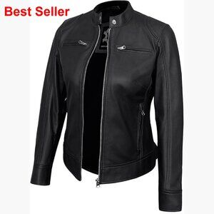 Real Lambskin Leather Cafe Racer Motorcycle Jacket